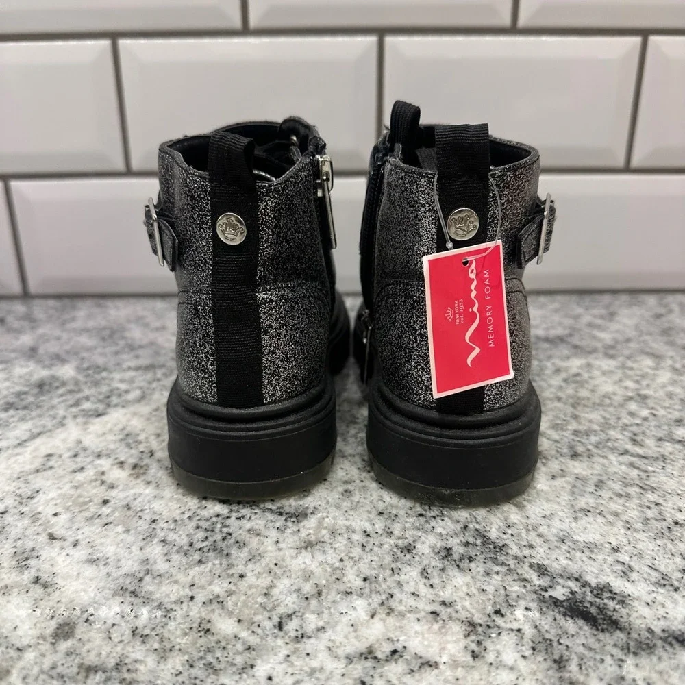 Nina Kids Size 10 Combat Boots Silver Black Glitter Chain Detail Glam Sparkle